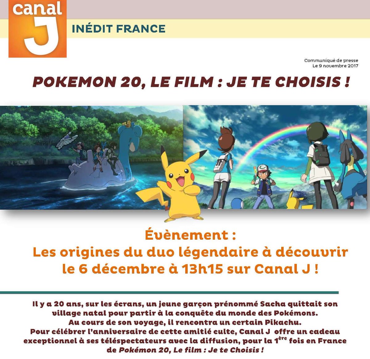 Pokémon : Je te choisis diffusé sur Canal J le 6 Décembre